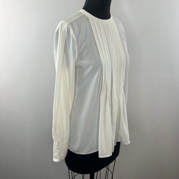 EQUIPMENT Femme White Silk Pleated Front Long Sleeve Round Neck Blouse Top Sz M - Picture 4 of 10